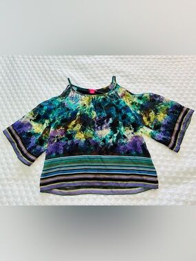 Sunny Leigh Teal, Purple & Yellow Cold-Shoulder Abstract Print Top